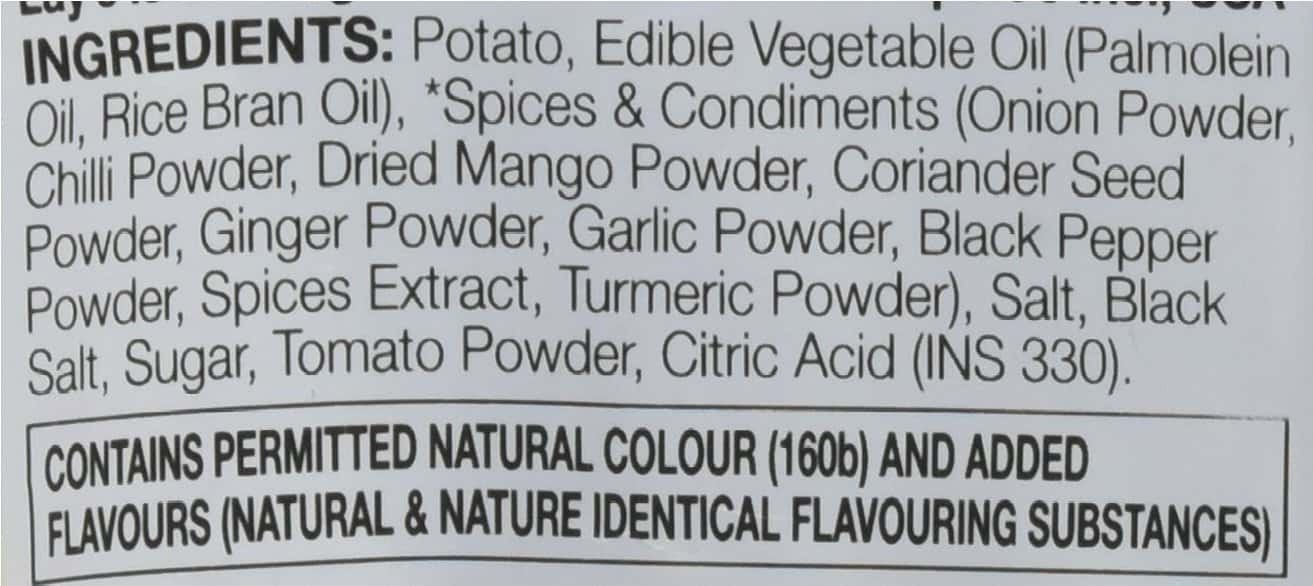 Ingredient's list for potato chips