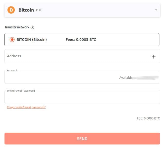 Withdraw bitcoin screen in coindcx